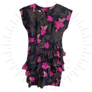 Vintage Women's 80's Wild Dress Black Floral Short Sleeve Ruffle Dress Size M